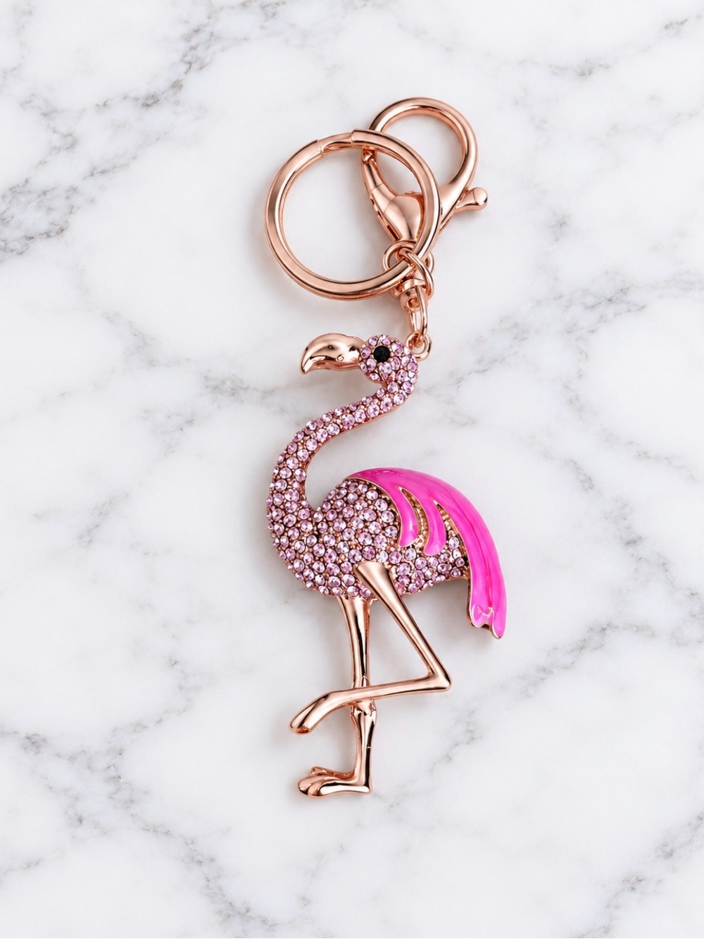 Rose Gold Flamingo Keychain with Pink Crystals